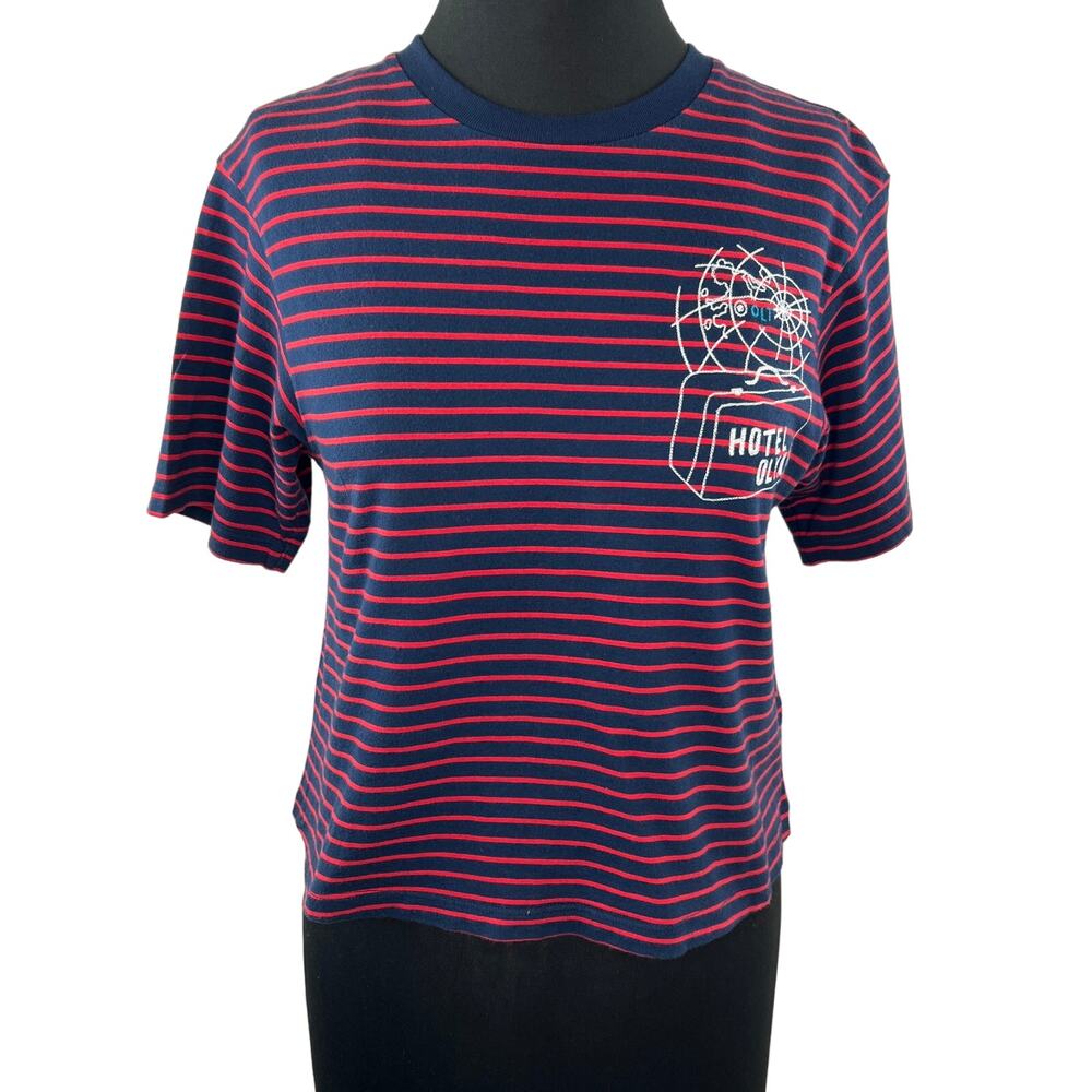 UNIQLO UT Red Navy Blue Stripe Short Sleeve Crewneck Hotel Olympia Tee Size S